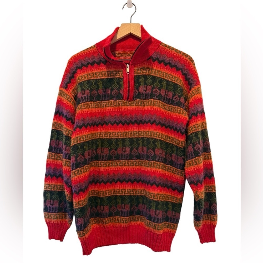 Vintage Alpaca Wool Llama Sweater – Red Multicolor Quarter Zip Boho Andean Knit